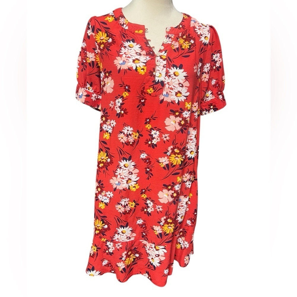 LOFT Vibrant Red Floral Midi Dress - Picture 2 of 7